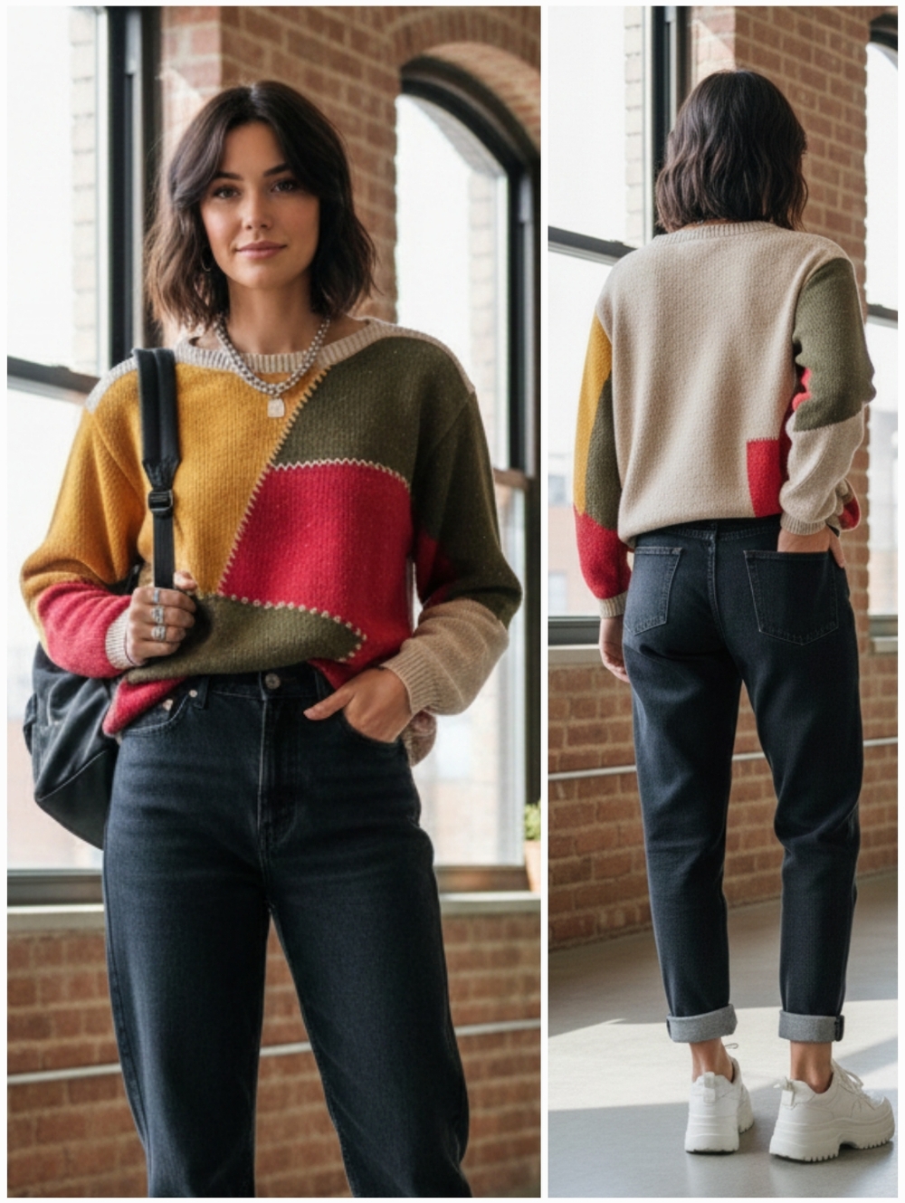 Liz Wear Vintage 90s Patchwork Knit Sweater Size M Eclectic Grandpa Cottagecore